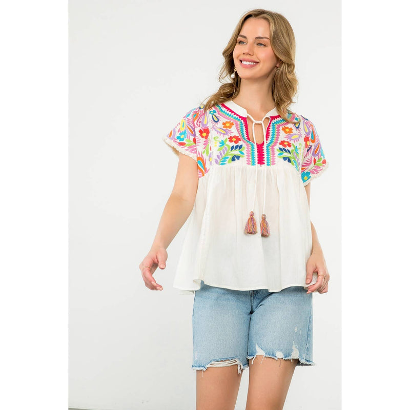 Tassel Tie Embroidered Babydoll Top