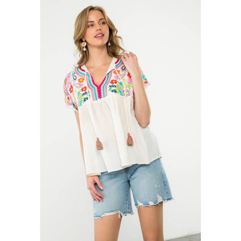 Tassel Tie Embroidered Babydoll Top