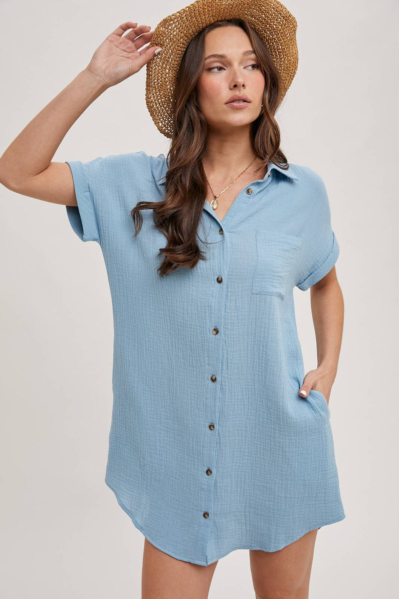 Button Up Shirt Dress with Pocket - Blue