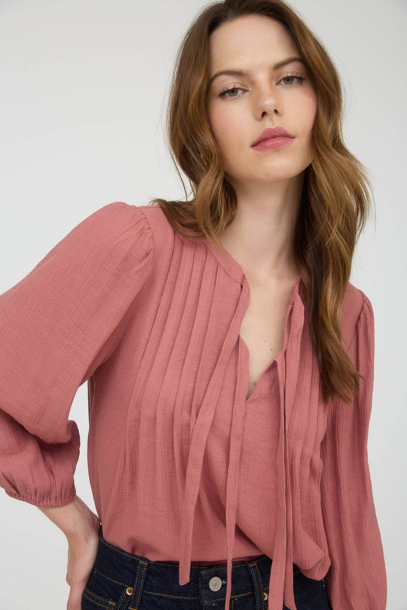 Front Tie Pleated Front 3/4 Sleeve Top
