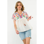 Tassel Tie Embroidered Babydoll Top