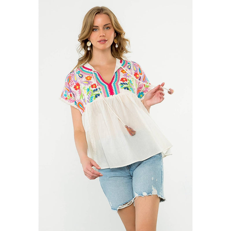 Tassel Tie Embroidered Babydoll Top