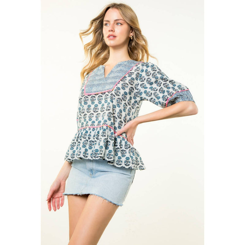 Contrast Trim Puff Sleeve Floral Top