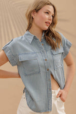 Stripe Button Down Tab Sleeve Chambray Shirt