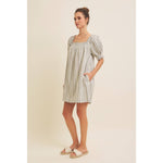 COTTON LINEN STRIPE MINI DRESS WITH SMOCKED SLEEVES