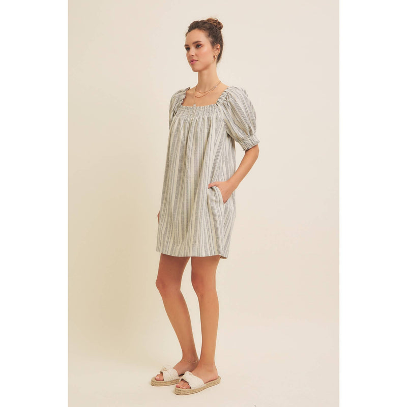 COTTON LINEN STRIPE MINI DRESS WITH SMOCKED SLEEVES