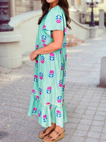 Floral Print Notched Neck Butterfly Sleeve Shift Long Dress