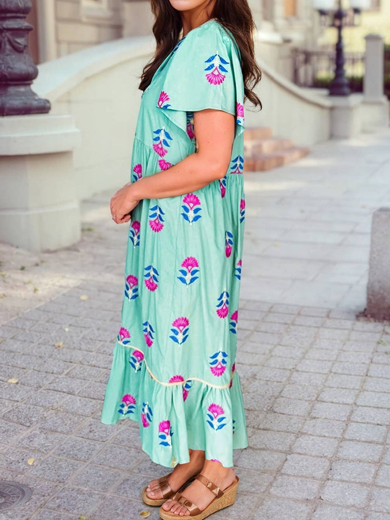 Floral Print Notched Neck Butterfly Sleeve Shift Long Dress