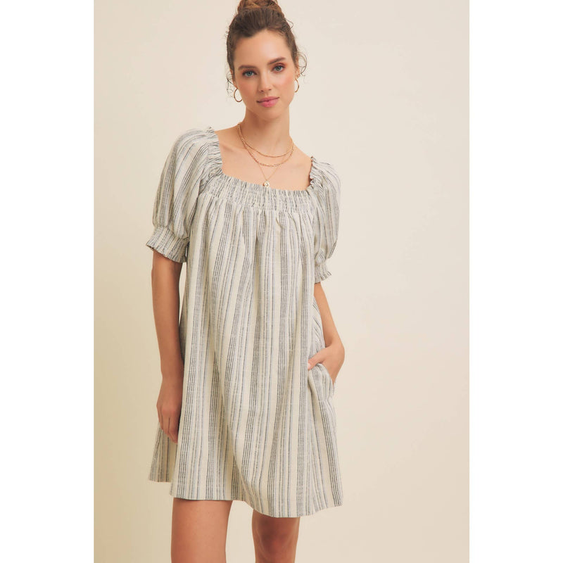 COTTON LINEN STRIPE MINI DRESS WITH SMOCKED SLEEVES