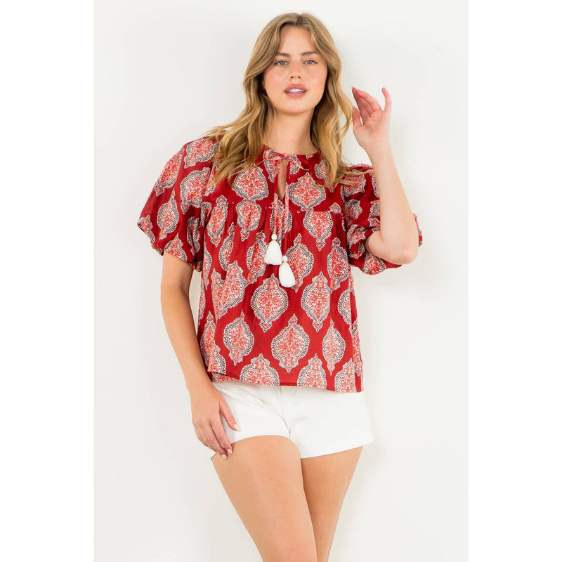 Puff Sleeve Tassel Tie Top