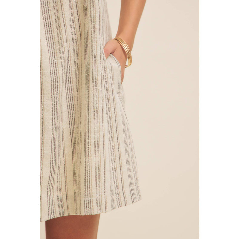 COTTON LINEN STRIPE MINI DRESS WITH SMOCKED SLEEVES