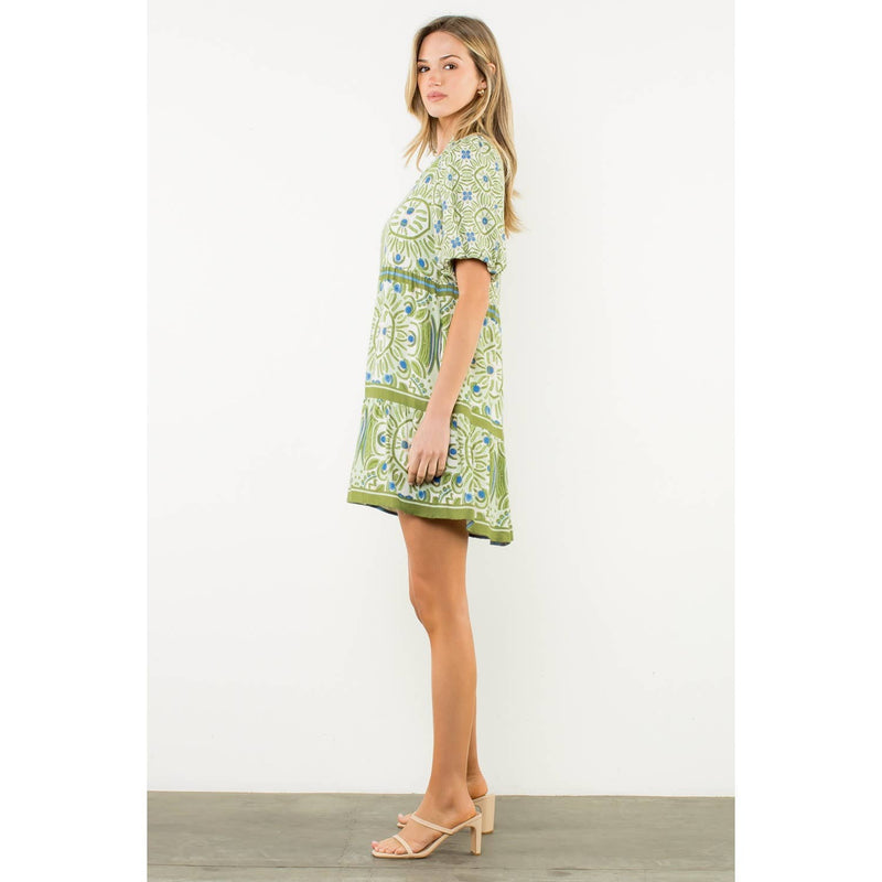 Puff Sleeve Abstract Print Dress