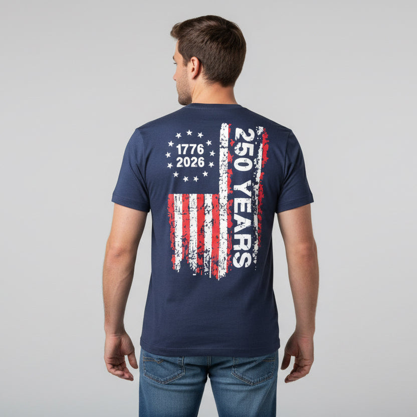 Man wearing a navy blue t-shirt with a 250th anniversary design on the back, featuring the American flag.