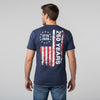 Man wearing a navy blue t-shirt with a 250th anniversary design on the back, featuring the American flag.