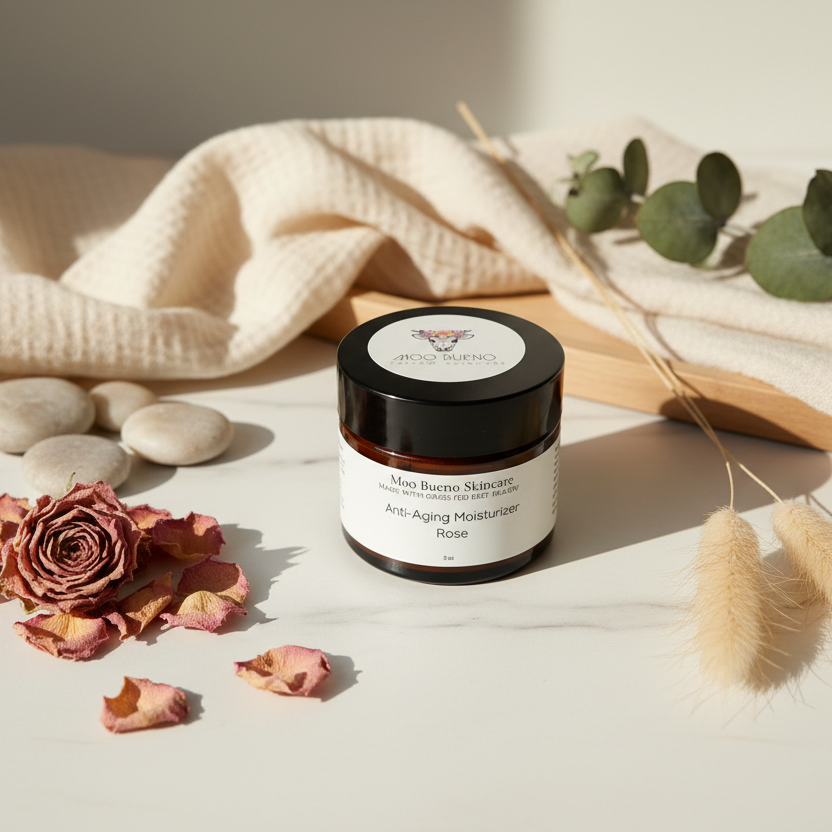 Skincare jar with decorative elements on a light surface