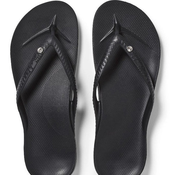 Pair of black sandals with a rhinestone on a white background