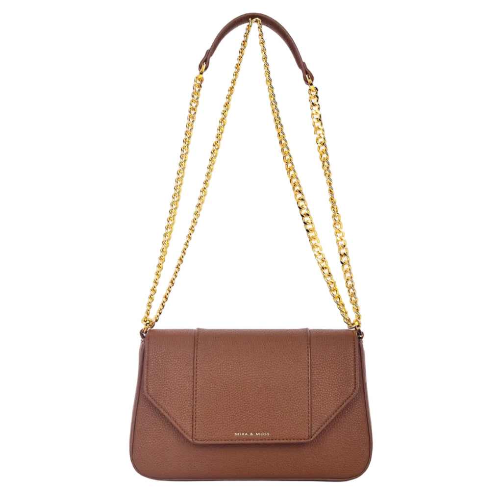 Brown handbag with a gold chain strap on a white background