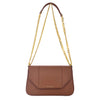 Brown handbag with a gold chain strap on a white background