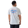 Man wearing a white t-shirt with a graphic design on the back, standing against a white background