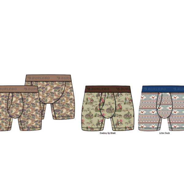 Three pairs of men's underwear with different patterns on a white background