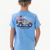 Child wearing a blue t-shirt with a graphic design and 'Burlebo' branding on a white background