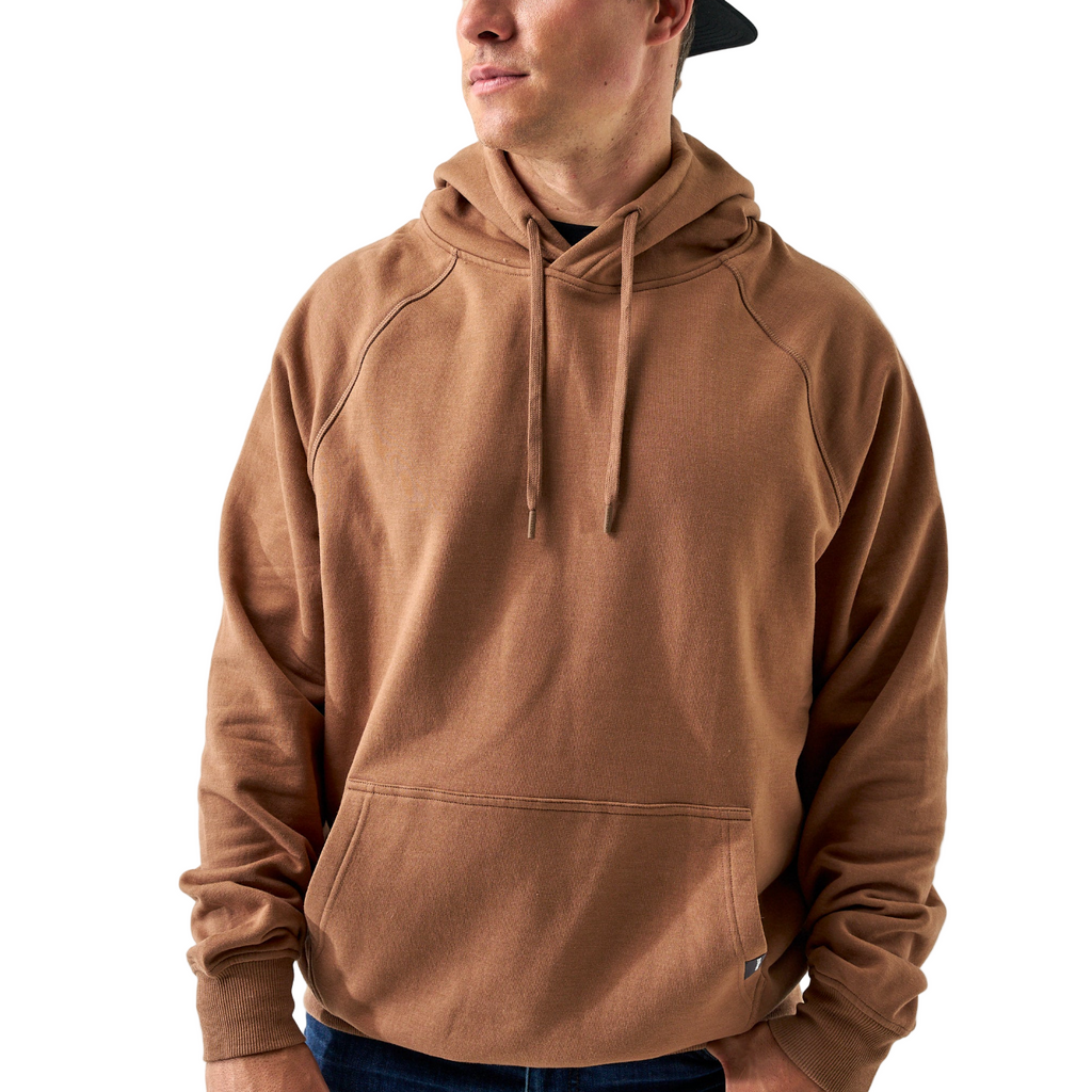 Person wearing a brown hoodie on a white background