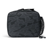A black and dark gray camouflage lunch bag with a side mesh pocket and a small stylized logo on the front, shown on a white background.