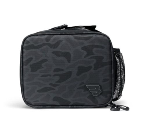 A black and dark gray camouflage lunch bag with a side mesh pocket and a small stylized logo on the front, shown on a white background.