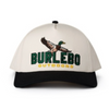 White cap with black brim and a duck over the text Burlebo Outdoors