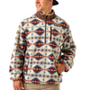 Person wearing a patterned pullover with a visible brand logo on a white background