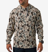 man wearing a thermal hoodie with a duck camo pattern