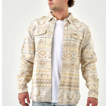 man wearing a flannel shirt that has geometric shapes and deer heads