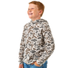 Child wearing a camouflage hoodie on a white background