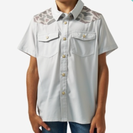 Boy wearing a pearl snap shirt with camo on the shoulder