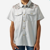 Boy wearing a pearl snap shirt with camo on the shoulder