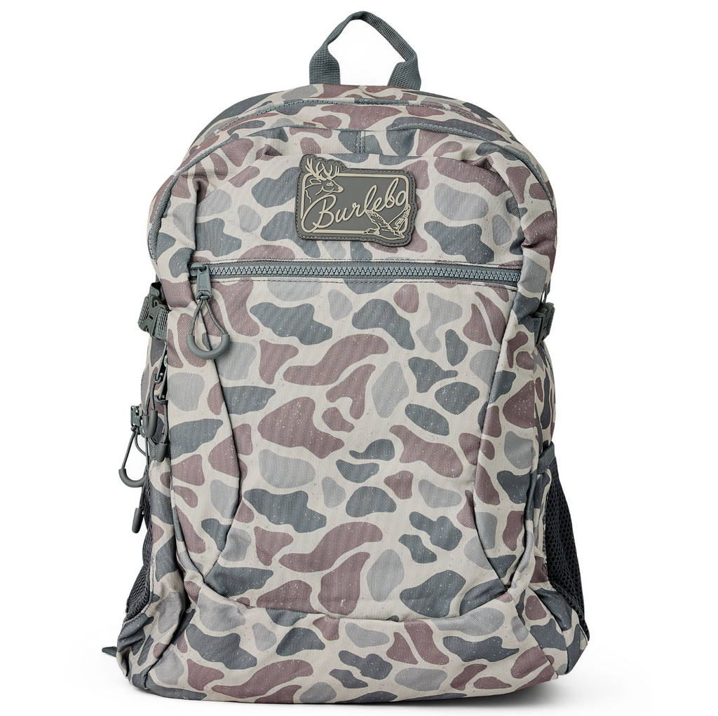 Camouflage-patterned backpack with a visible brand logo on a white background