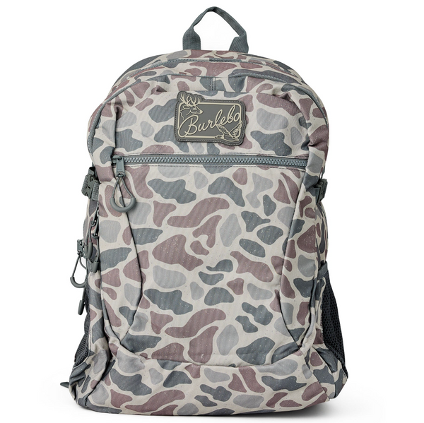 Camouflage-patterned backpack with a visible brand logo on a white background