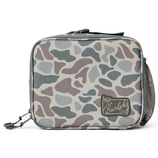 Camouflage-patterned lunchbox with a visible brand logo on a white background