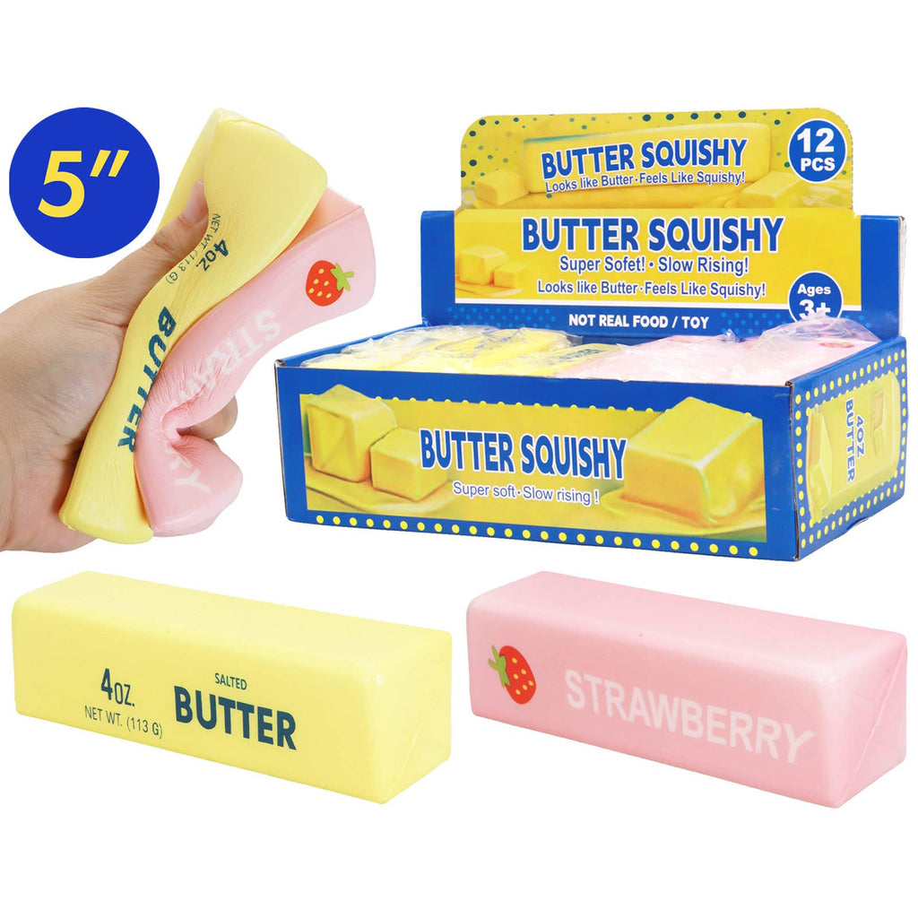 Butter Squishy toy with packaging and a hand holding it, on a white background.