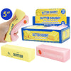Butter Squishy toy with packaging and a hand holding it, on a white background.