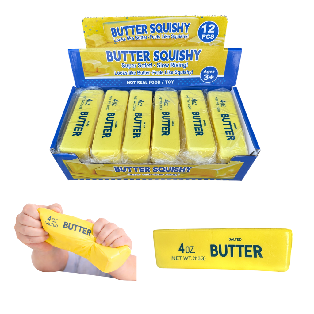 Box of Butter Squishy toys with a hand holding one, on a white background