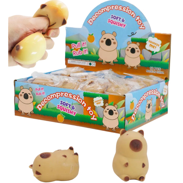 Decompression toy with packaging and a hand holding the toy on a white background