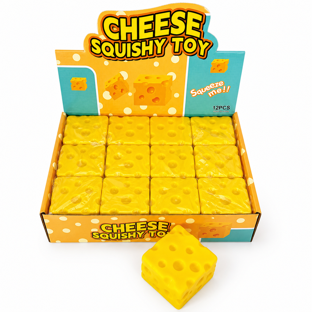 Box of cheese squishy toys with a single toy in front on a white background
