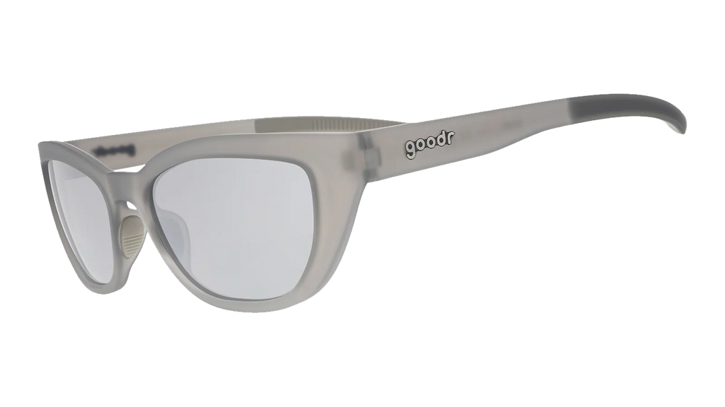 Silver sunglasses with a reflective lens on a white background
