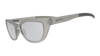 Silver sunglasses with a reflective lens on a white background