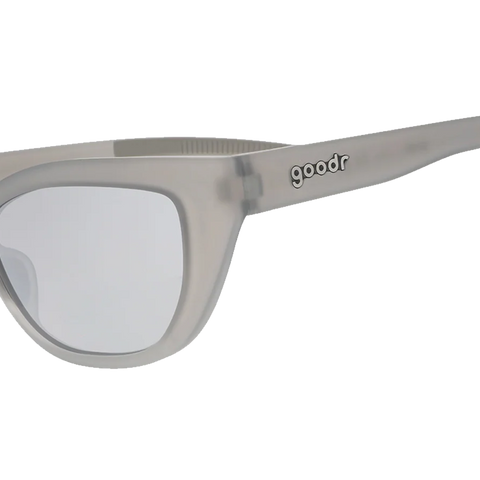 Silver sunglasses with a reflective lens on a white background