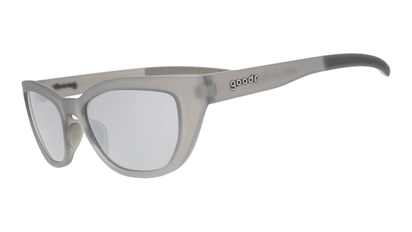 Silver sunglasses with a reflective lens on a white background