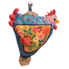 Colorful chicken-shaped bag with floral patterns on a white background