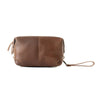 Brown leather pouch with a strap on a white background