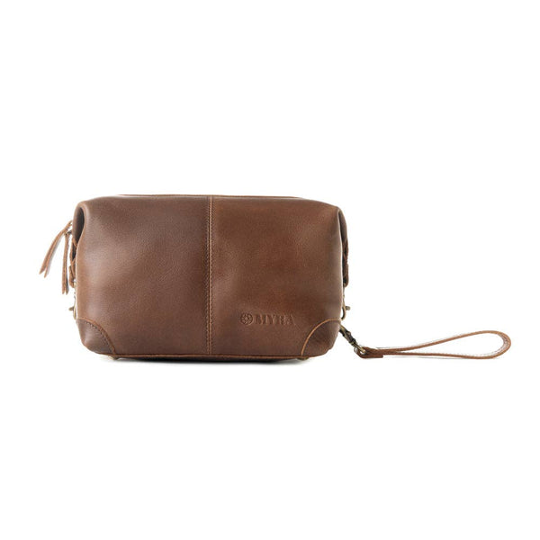 Brown leather pouch with a strap on a white background